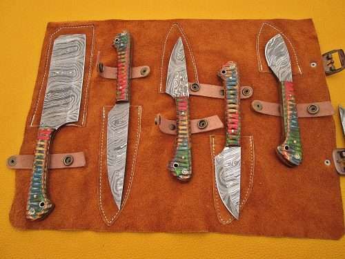 5 Pieces Damascus steel kitchen knife set includes (10.6+9.6+9.0+8.0+7.6)" knives in Green Jigged wood scale, includes Roll able Leather suede sheath