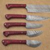 5 Pieces Damascus steel kitchen knife set includes (10.6+9.6+9.0+8.0+7.6)" knives in Wine Jigged wood scale, includes Roll able Leather suede sheath