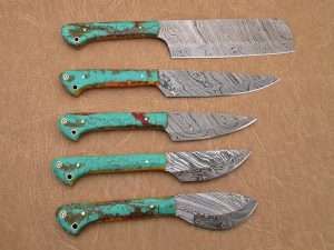 5 Pieces Damascus steel kitchen knife set includes (10.6+9.6+9.0+8.0+7.6)" knives, Multi color sea green scale, Comes with gift box