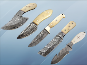 5 pieces Damascus steel Camel Bone scale skinning knives set. Overall 44 inches long Full tang Damascus steel blade knives, Cow hide leather sheath