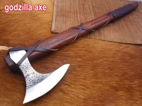 Hand forged Carbon steel Tomahawk Godzilla Axe, Hunting Axe, hiking battle axe Rose wood scale with leather wrap