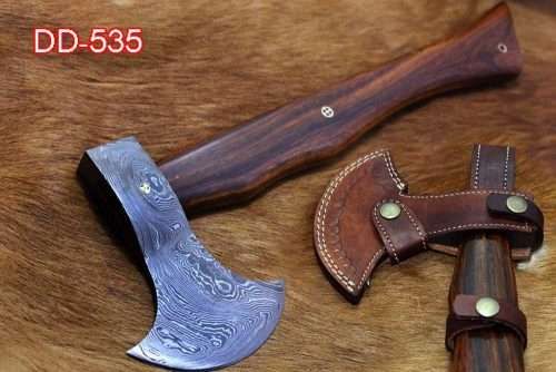 Damascus steel Log splitter axe, 15 Inches long Hand Forged with Rose wood round handle Timmerbila Axe, thick cow hide leather sheath