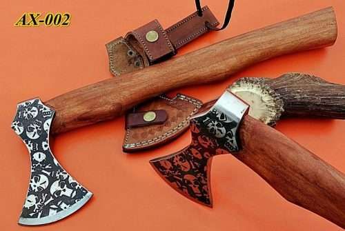 15" long Cabin Axe, Carbon steel Axe with skull etching, Rose wood, Cow sheath