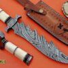 13" Long hand forged Damascus steel Hunting knife, Camel Bone scale with Damascus finger guard, Cow Leather sheath Included