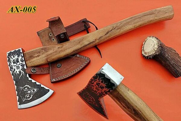 15" long Tomahawk Axe, Carbon steel Axe with Wolf etching, Rose wood, Cow sheath
