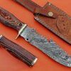 13" Long hand forged Damascus steel gut hook Hunting knife, 2 tone wood scale with brass finger guard, Cow Leather sheath Included
