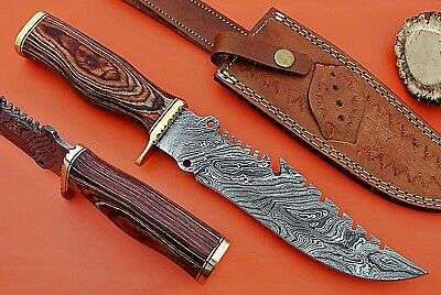 13" Long hand forged Damascus steel gut hook Hunting knife, 2 tone wood scale with brass finger guard, Cow Leather sheath Included