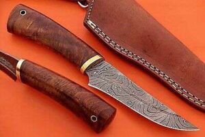 9" trailing point blood groove blade skinning knife, Walnut wood, Leather sheath