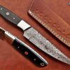 9.5" Long Full Tang Blade Skinning Knife, Rain Drop Pattern Straight Back Hand Forged Damascus Steel, 4 Different Scale with Steel Bolster and Inserting Hole, Includes Cow Leather Sheath