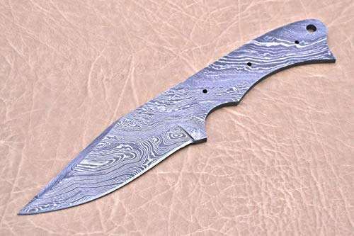 Knife Making, Damascus Steel Blank Blade 8.25 inches Long Hand Forged Skinning Knife with 3 Pin Hole & an Inserting Hole Space 4 inches Cutting Edge