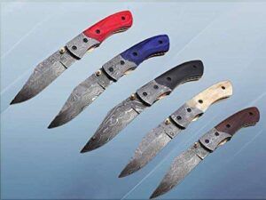 Lot of 5 Pieces 8.5" Long Folding Knife with Pocket Clip, Hand Forged Damascus Steel 4" Blade. 5 Colors Scale with Damascus Bolster, Cow Hide Leather Sheath Included with Belt Loop