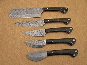 Custom made hand forged Damascus steel full tang blade kitchen knife set, Overall 45 inches Length of Damascus sharp knives (10.6+9.6+9.0+8.0+7.6) Inches, Leather suede sheath (BLK & BRN Razon))
