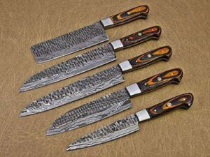 5 Pieces Damascus steel Hammered kitchen knife set, 2 tone Yellow wood scale, 54 inches long sharp knives, Custom made hand forged Hammered Damascus steel blade, Goat suede Roll Leather sheath