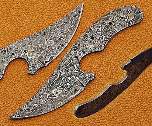 7.5 inches Long Hand Forged rain Drop Pattern Damascus Steel Trailing Point Blank Blade Skinning Knife, 3" Long Sharp Cutting Edge, 4" Scale Space with 6 pins Hole