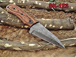 8.5" Long hand forged skinning Knife, 4.5" full tang hand forged Damascus steel coping blade, 2 tone dollar wood scale, Cow Leather sheath