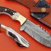 Feather pattern Damascus steel blade skinning knife, Stag Antler scale, sheath
