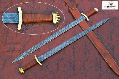 37 inches Long Claymore Sword, 31" Long Hand Forged Damascus Steel Double Edge Blade, Solid Brass Cross hilt Forward and Crown Shape Pommel, Leather Scabbard with Shoulder Stripe