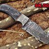 7.5" Long hand forged full tang Damascus steel drop point gut hook blade compact Knife, Dollar wood with Damascus Bolster scale, Cow Leather sheath