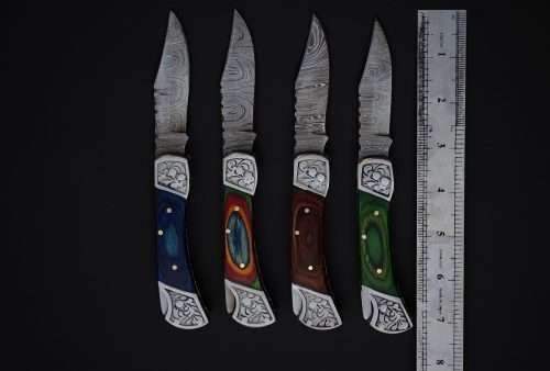 4 pieces 7.5" Damascus steel back lock folding knife set with Sheath