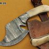 10.5" hand forged Twist Pattern Damascus steel chopper, Natural Camel bone scale compact cleaver, Leather sheath included