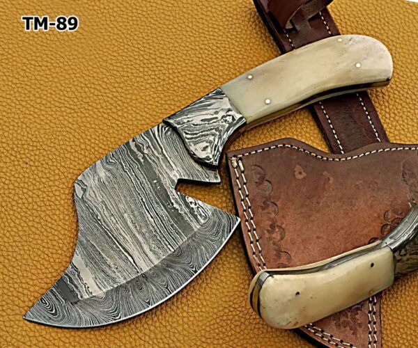 10.5" hand forged Twist Pattern Damascus steel chopper, Natural Camel bone scale compact cleaver, Leather sheath included