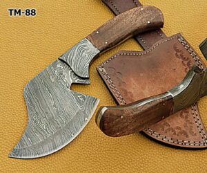 10.5" hand forged Twist Pattern Damascus steel chopper, Walnut wood scale compact cleaver, Leather sheath included