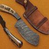 10.5" long hand forged Twist Pattern Damascus steel Butcher Meat cleaver, Natural pine wood scale with Damascus Bolster, Cow hide Leather sheath included