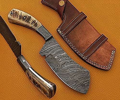 10.5" long hand forged Twist Pattern Damascus steel Butcher Meat cleaver, Natural pine wood scale with Damascus Bolster, Cow hide Leather sheath included