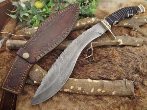 Damascus Steel Kukri Knife 15 Inches custom made Hand Forged With 10" long blade, Bull horn scale with engraved brass finger guard, Cow Leather Sheath