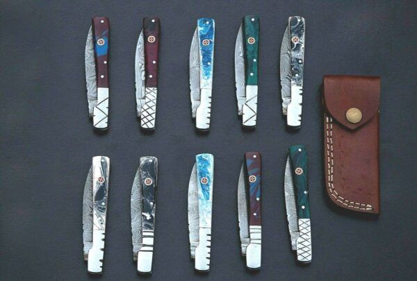 7 pieces lot of Damascus steel folding pocket back lock knife with Leather Sheath