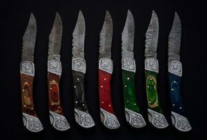 7 pieces Lot of 7.5" Damascus steel back lock folding knife set with Sheath, Assorted colors