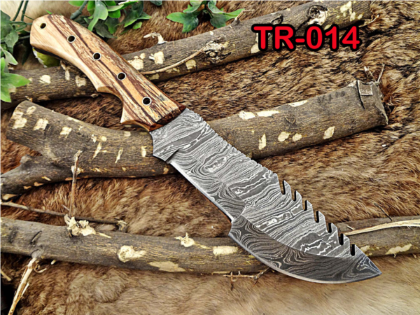 13" Long hand forged twist pattern full tang Damascus steel tracker knife, 2 tone wood with holes scale, Cow leather sheath