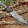 13" Long hand forged twist pattern full tang Damascus steel tracker knife, 2 tone black dollar wood with holes scale, Cow leather sheath