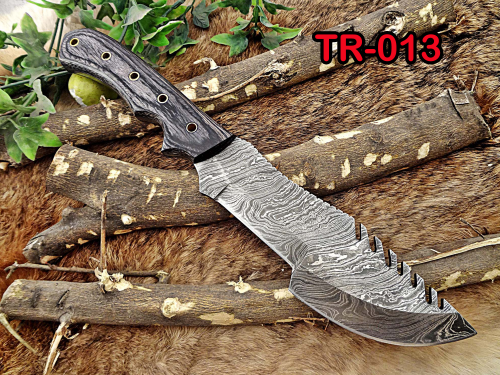 13" Long hand forged twist pattern full tang Damascus steel tracker knife, 2 tone black dollar wood with holes scale, Cow leather sheath