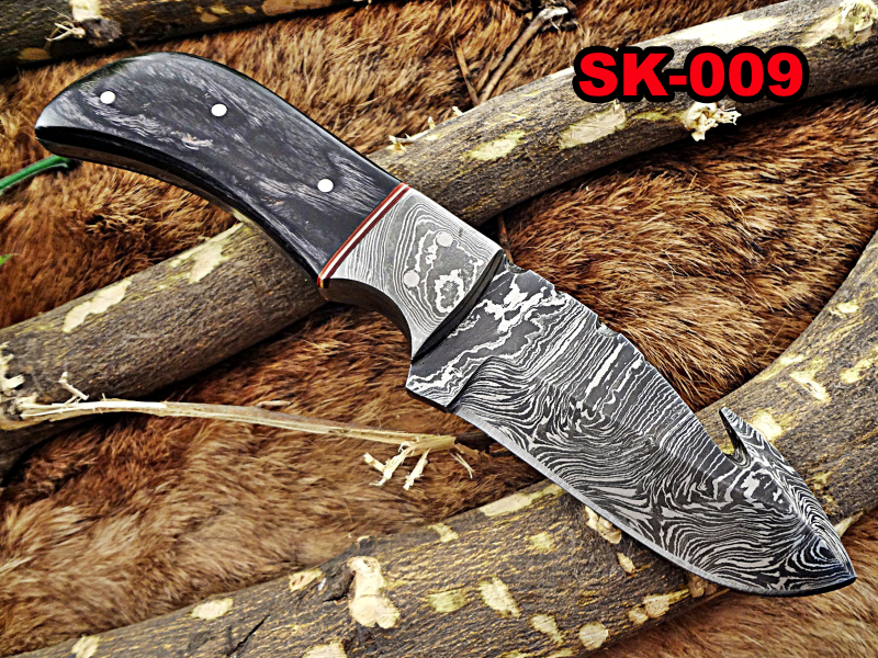 9" Long Hand Forged Damascus Steel Hunting Knife, 4" Full Tang Blade, Black Micarta Wood Brass Bolster, Cow Hide Leather Sheath