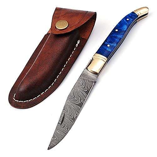 Laguiole Folding Damascus steel knife, 8.6″ Long with 4″ hand forged custom twist pattern Blade. Blue color unshrinkable Raisen scale with brass bolster, Cow hide leather sheath included