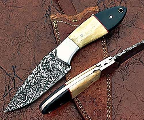 9″ Long Drop Point Blade Skinning Knife, Hand Forged Fire Pattern Damascus Steel Full Tang Blade, Camel Bone and Bull Horn Scale with Steel Bolster, Cow Leather Sheath