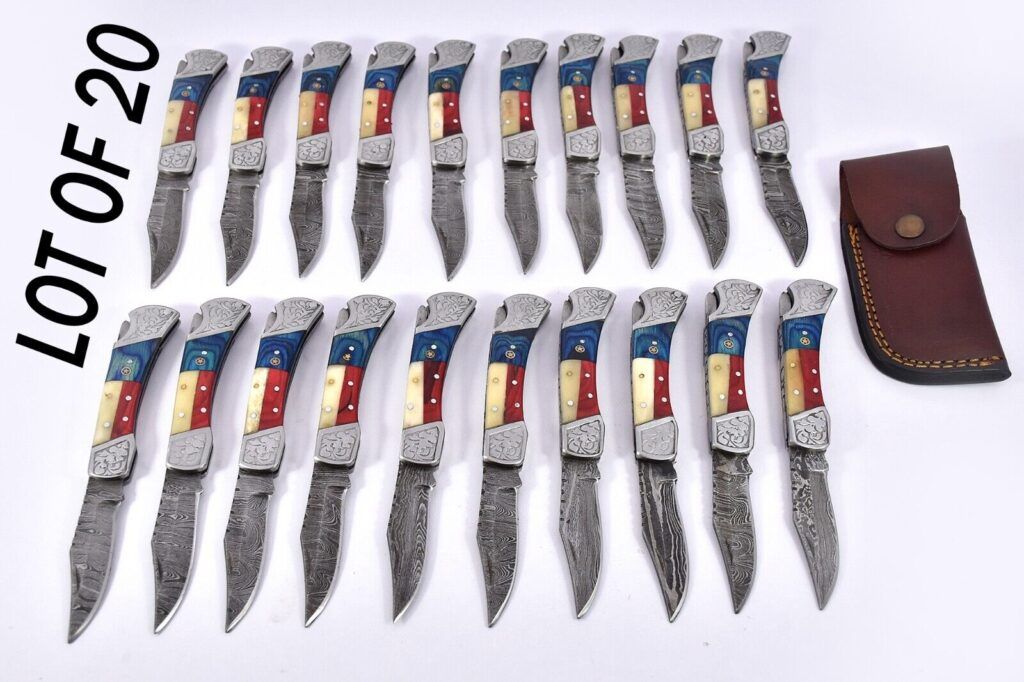20 pieces Lot of 7″ long Damascus steel back lock folding knife, Blue and white Texas scale, Comes with Sheath