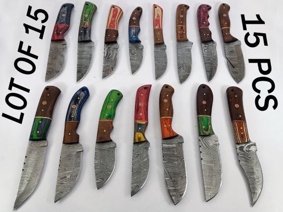 15 pieces Damascus steel Multi color wood scale skinning knives set with Leather sheath. Over 110 inches long Damascus steel blade knives