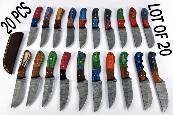 20 pieces Damascus steel fixed blade skinning knives lot with Leather sheath. Over 150 inches long Damascus steel knives in assorted colors