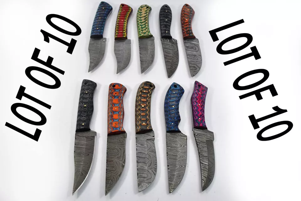 10 pieces Damascus steel fixed blade skinning knives lot with Leather sheath. Over 80 inches long Damascus steel knives in assorted colors