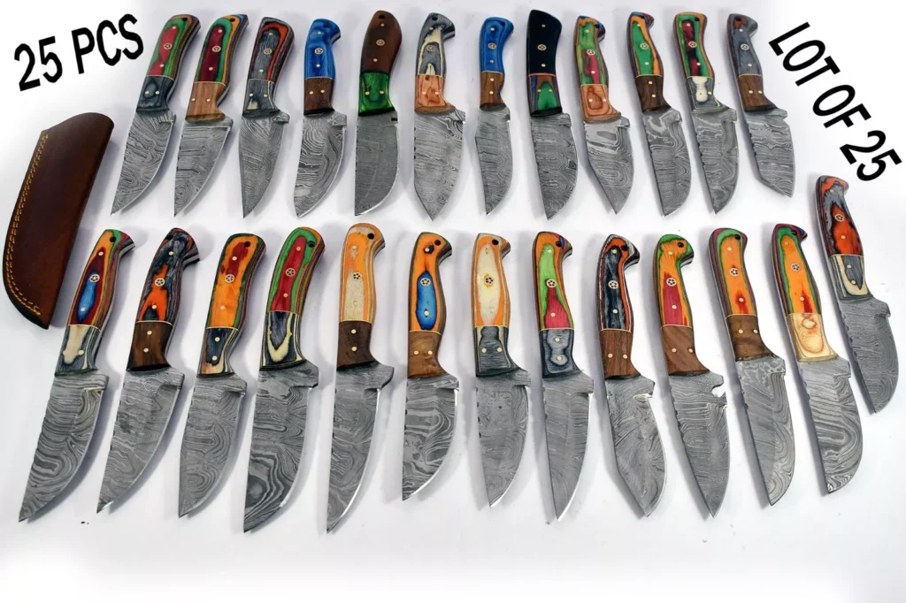 25 pieces Damascus steel fixed blade skinning knives lot with Leather sheath. Over 200 inches long Damascus steel knives in assorted colors (Copy)