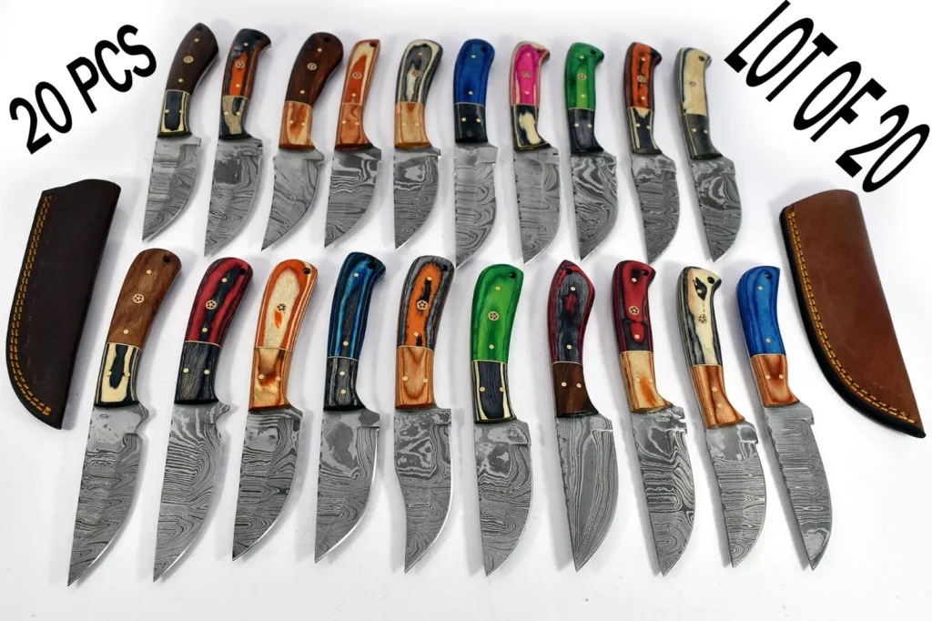 20 pieces Damascus steel fixed blade skinning knives lot with Leather sheath. Over 150 inches long Damascus steel knives in assorted colors (Copy)