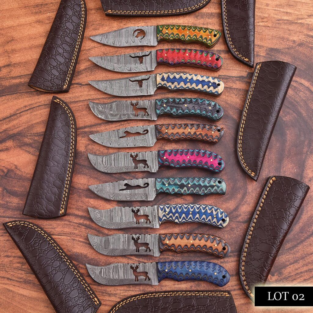 10 pieces Damascus steel fixed blade skinning knives lot with Leather sheath. Over 80 inches long Damascus steel knives in assorted colors