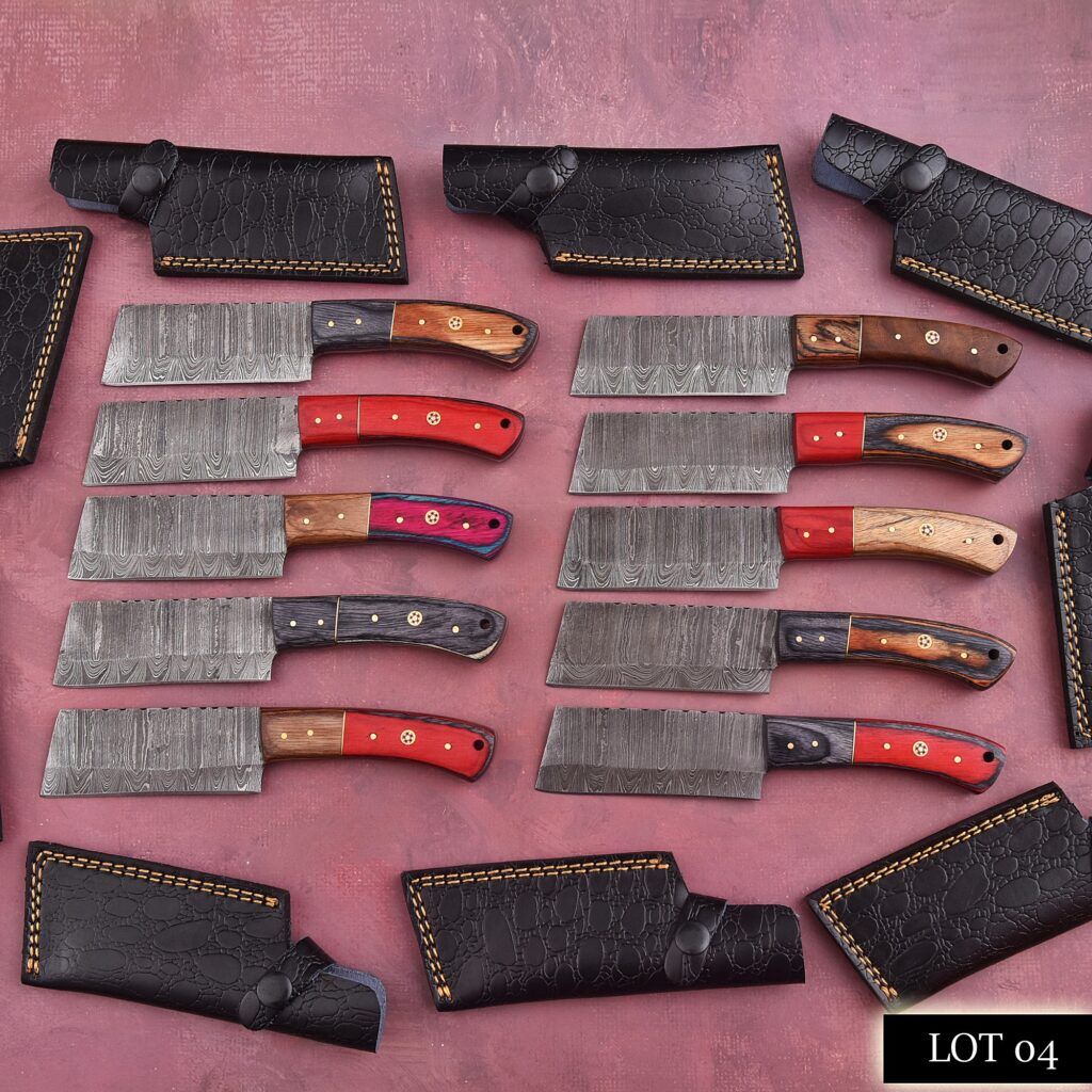10 pieces Damascus steel fixed blade Cleaver knives lot with Leather sheath. Over 80 inches long Damascus steel knives in assorted colors