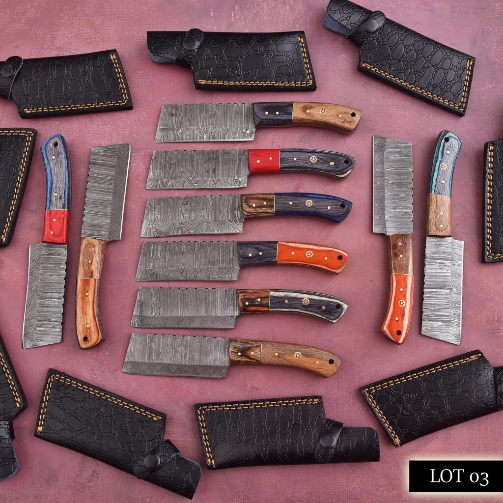 10 pieces Damascus steel fixed blade Cleaver knives lot with Leather sheath. Over 80 inches long Damascus steel knives in assorted colors