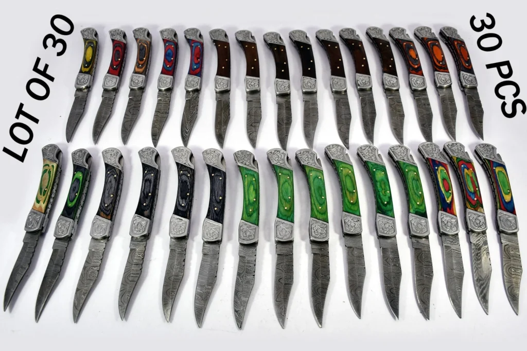 30 pieces lot of Damascus steel Back lock folding knife with Leather Sheath, Assorted color scales