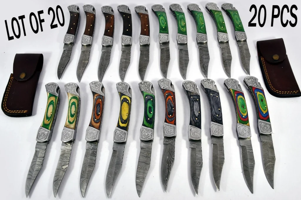 20 pieces lot of Damascus steel Back lock folding knife with Leather Sheath, Assorted color scales
