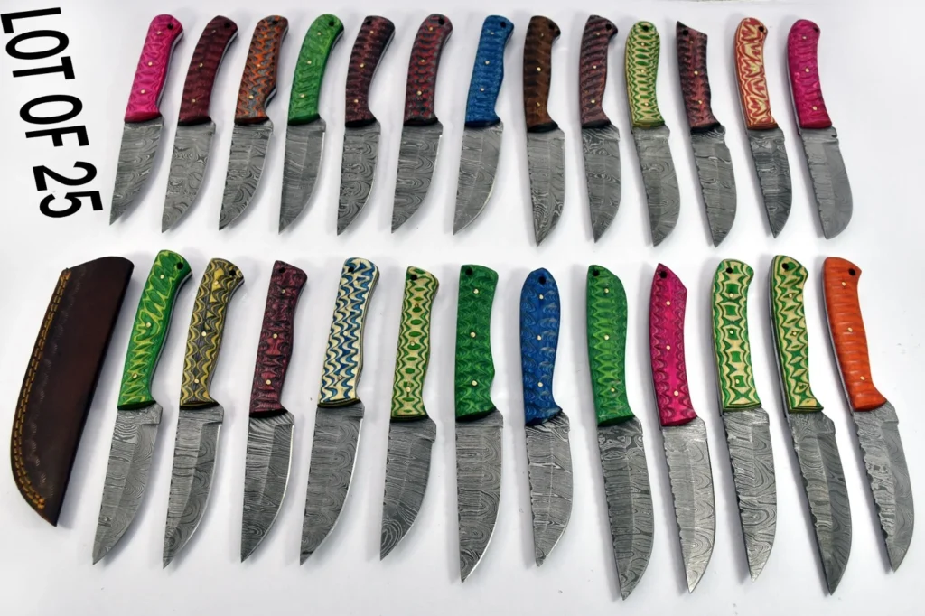 25 pieces Damascus steel fixed blade skinning knives lot with Leather sheath. Over 200 inches long Damascus steel knives in assorted colors (Copy)