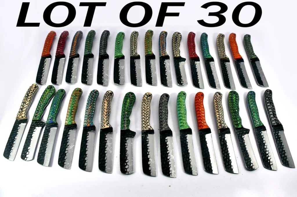 30 pieces Carbon steel fixed blade bull cutter knives lot with Leather sheath. Multi color Jigged scale, Leather sheath (Copy)